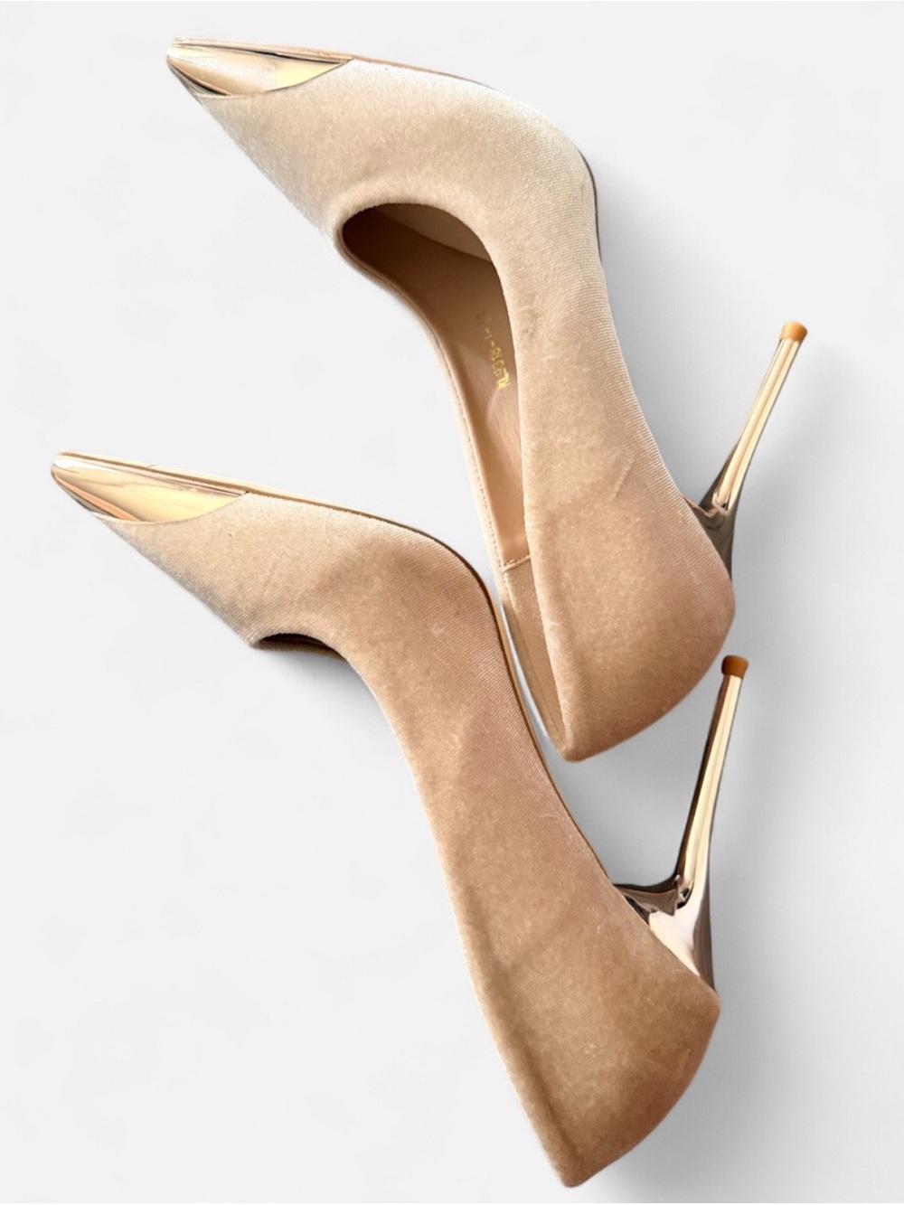 Beige Velvet Pointed-Toe Stiletto Pumps with Gold Accents